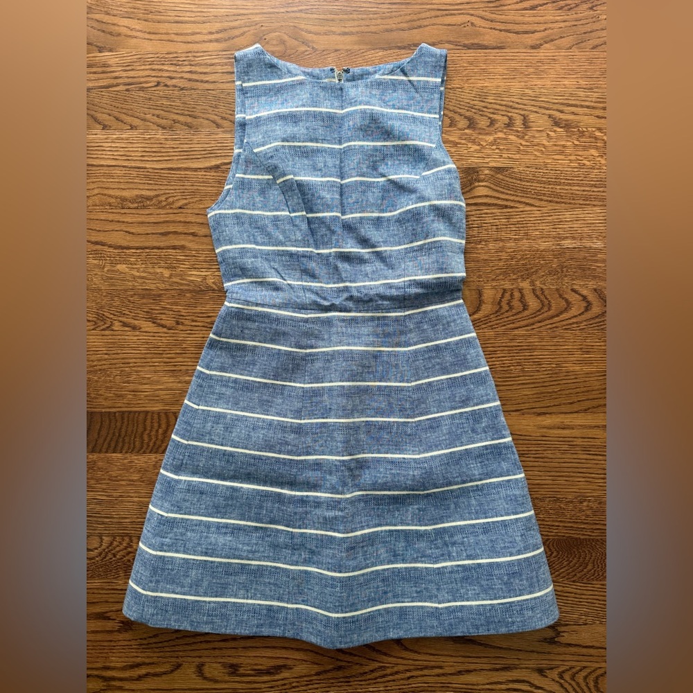 ALICE + OLIVIA Lindsey Structured Striped‎ Linen Blend Mini Dress Nautical 2